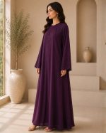 Regal Deep Purple Embroidered Abaya with Scalloped Sleeve Detail - Image 2
