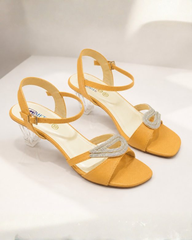 230 Chic Mustard Yellow Rhinestone Embellished Transparent Block Heel Sandals - Image 1