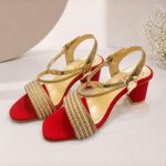 Royal Red & Metallic Gold Pearl-Embellished Block Heel Sandals