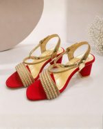 Royal Red & Metallic Gold Pearl-Embellished Block Heel Sandals