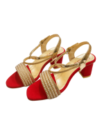 Royal Red & Metallic Gold Pearl-Embellished Block Heel Sandals - Image 2