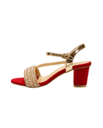 Royal Red & Metallic Gold Pearl-Embellished Block Heel Sandals - Image 3