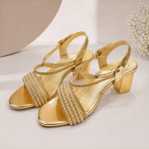 Glamorous All-Gold Pearl & Rhinestone Embellished Block Heel Sandals