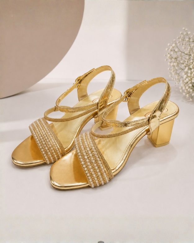 237 Glamorous All-Gold Pearl & Rhinestone Embellished Block Heel Sandals - Image 1