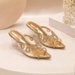 Chic Mustard Yellow Rhinestone Embellished Transparent Block Heel Sandals