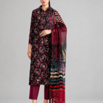 Nishat Unstitched 3 Piece Digital Printed Lawn Suit, Black & Maroon