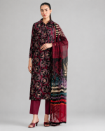 Nishat Unstitched 3 Piece Digital Printed Lawn Suit, Black & Maroon