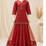 Girls Shefoon Embroidered Party Wear Suit with Banarsi Plazo – Red