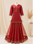Girls Shefoon Embroidered Party Wear Suit with Banarsi Plazo – Red