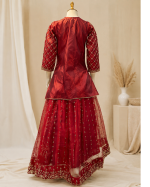 Girls Shefoon Embroidered Party Wear Suit with Banarsi Plazo – Red - Image 2