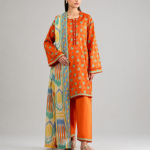 Orange Printed Lawn 3 Piece Unstitched Suit