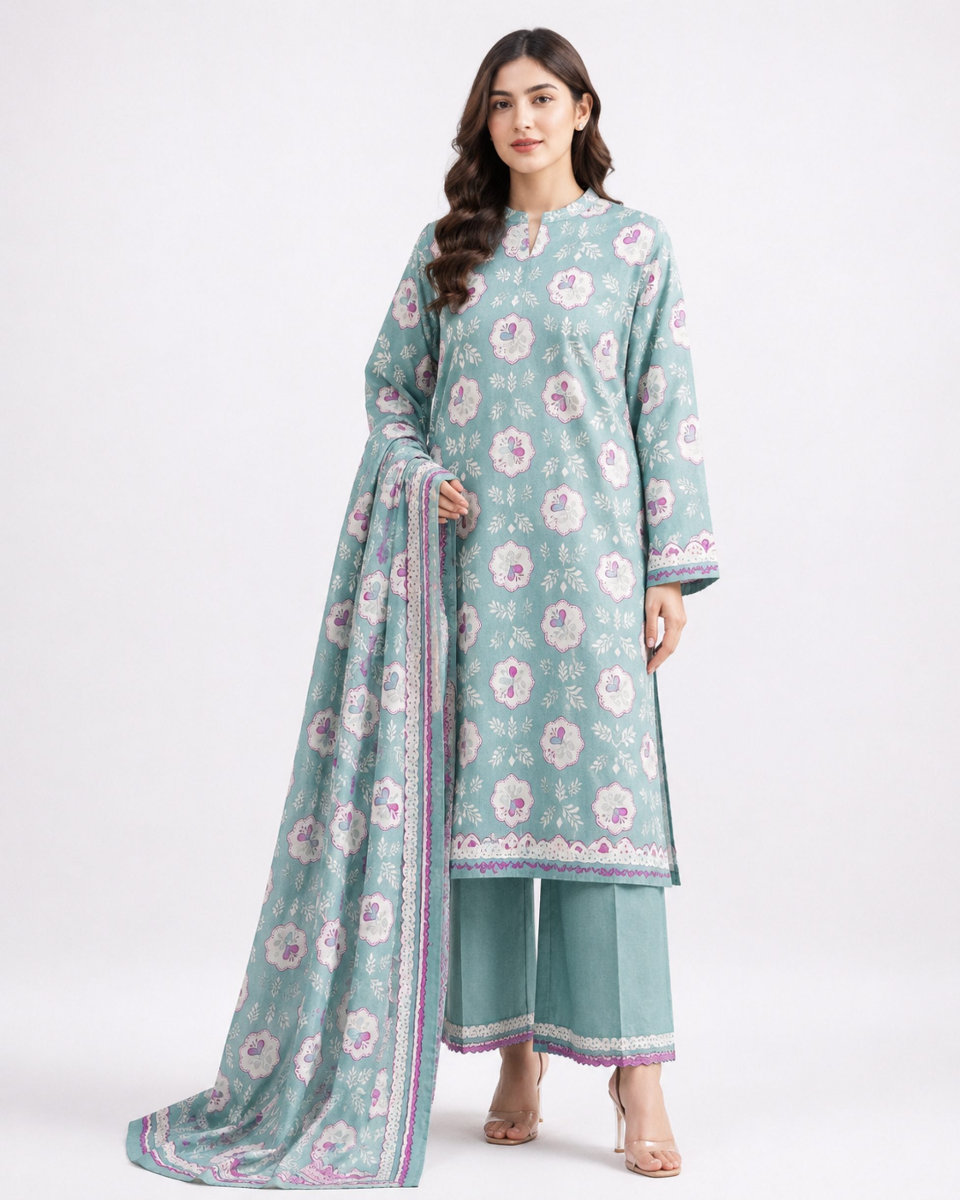 92 Khadi Unstitched Floral Printed Lawn 3 Piece Suit – Sky Blue - Image 1