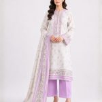 Premium Women's Khaddi 3 Piece Embroidered Suit, Off White & Lilac
