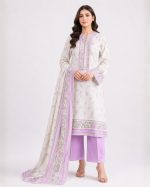 Premium Women's Khaddi 3 Piece Embroidered Suit, Off White & Lilac