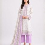 Premium Women's Khaddi 3 Piece Embroidered Suit, Off White & Lilac