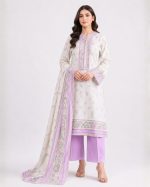 Premium Women's Khaddi 3 Piece Embroidered Suit, Off White & Lilac