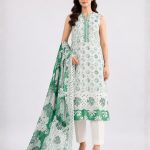 Premium Women's Khaddi 3 Piece Printed Suit, White & Emerald Green