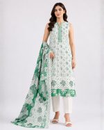 Premium Women's Khaddi 3 Piece Printed Suit, White & Emerald Green