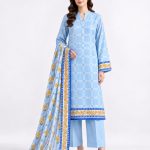Premium Women's Khaddi 3 Piece Printed Suit, Sky Blue & White