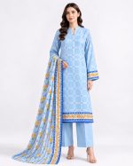 Premium Women's Khaddi 3 Piece Printed Suit, Sky Blue & White