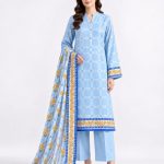 Premium Women's Khaddi 3 Piece Printed Suit, Sky Blue & White