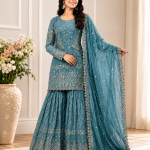 Women’s Luxury Embroidered Sharara Set with Net Dupatta – Dusty Blue (3 Piece)