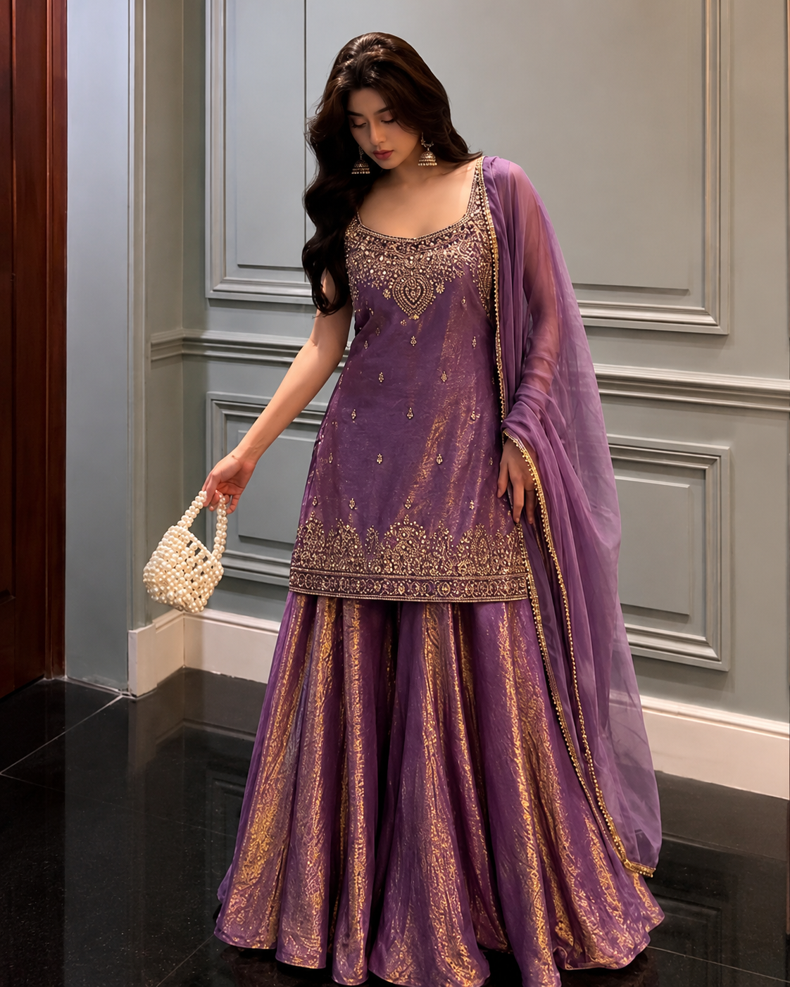 ChatGPT Image Jul 14, 2026, 04_08_11 PM Women's Luxury Embroidered Gharara Suit with Organza Dupatta – Royal Purple (3 Piece) - Image 1