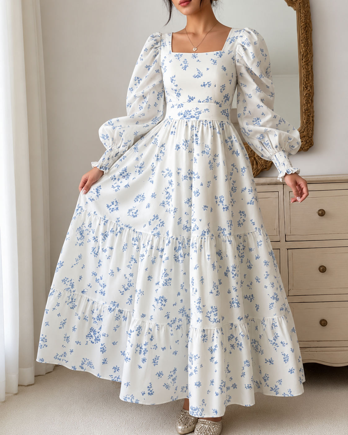 ChatGPT Image Jul 15, 2026, 02_31_42 PM White & Blue Floral Tiered Maxi Dress for Women - Image 1