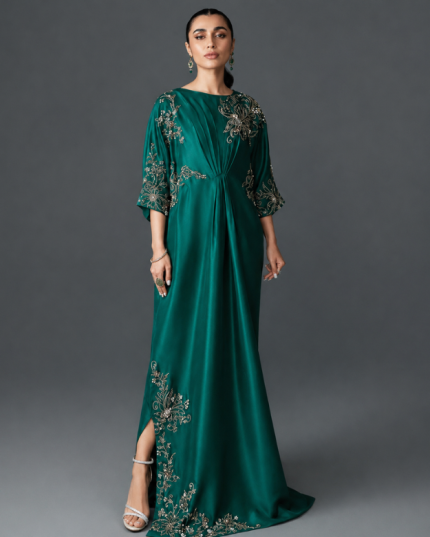 Women's Luxury Embroidered Maxi Dress – Emerald Green Formal Gown