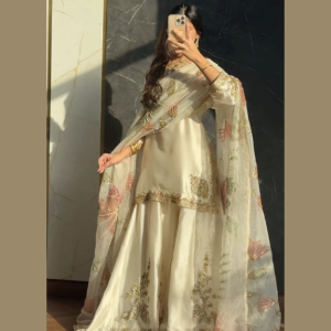 Elegant Ivory Embroidered 3-Piece Pakistani Sharara Suit with Organza Dupatta
