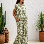 Olive Leaf Print Co-Ord Set for Women – Relaxed Fit Shirt & Wide Leg Pants