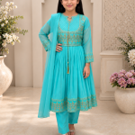 3-Piece Chiffon Net Embroidered Balochi Style Suit for Girls – Blue