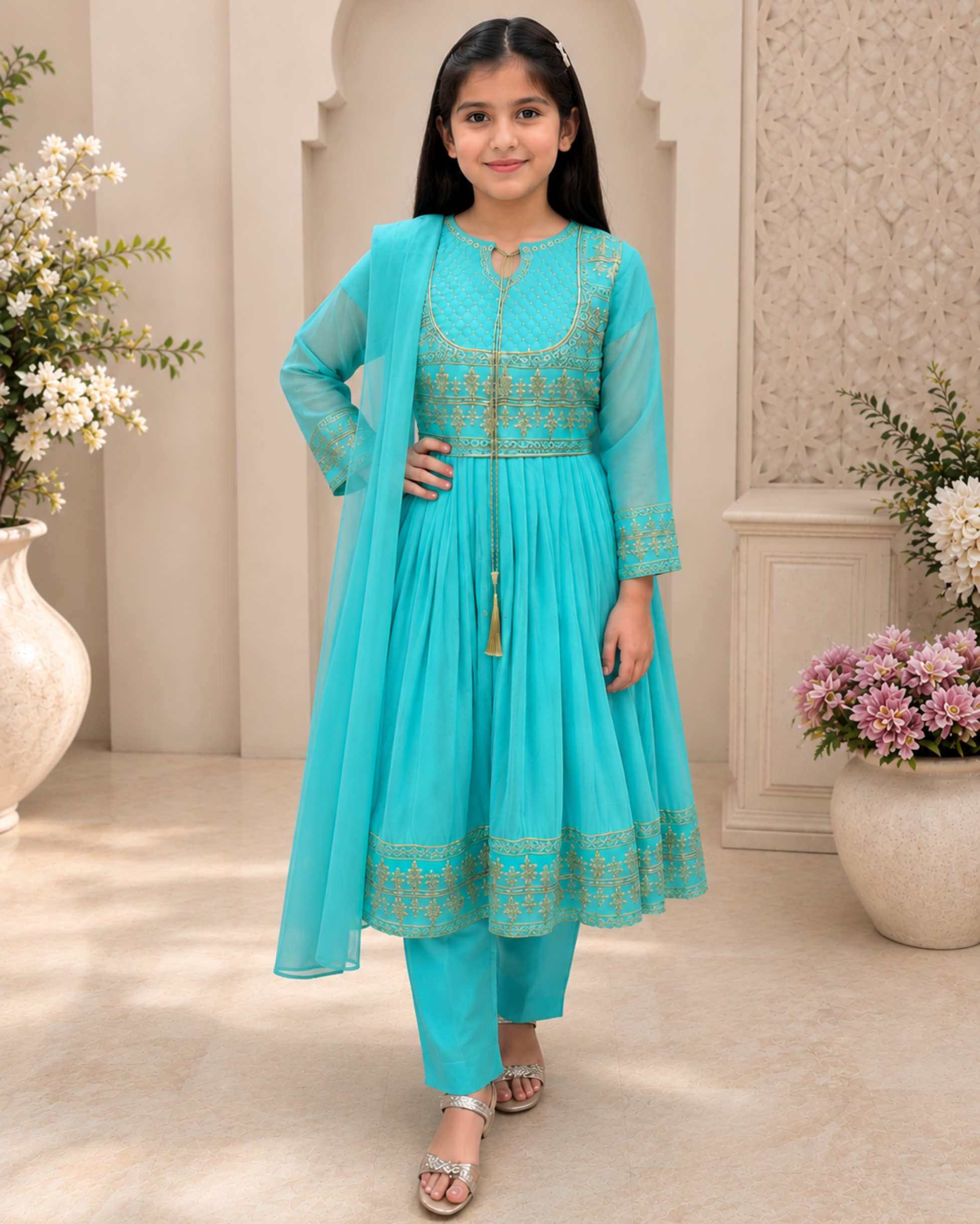 100 3-Piece Chiffon Net Embroidered Balochi Style Suit for Girls – Blue - Image 1