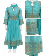 3-Piece Chiffon Net Embroidered Balochi Style Suit for Girls – Blue - Image 4