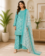 3-Piece Pure Lawn Suit with Embroidered Farshi Shalwar & Doriya Dupatta - Image 3