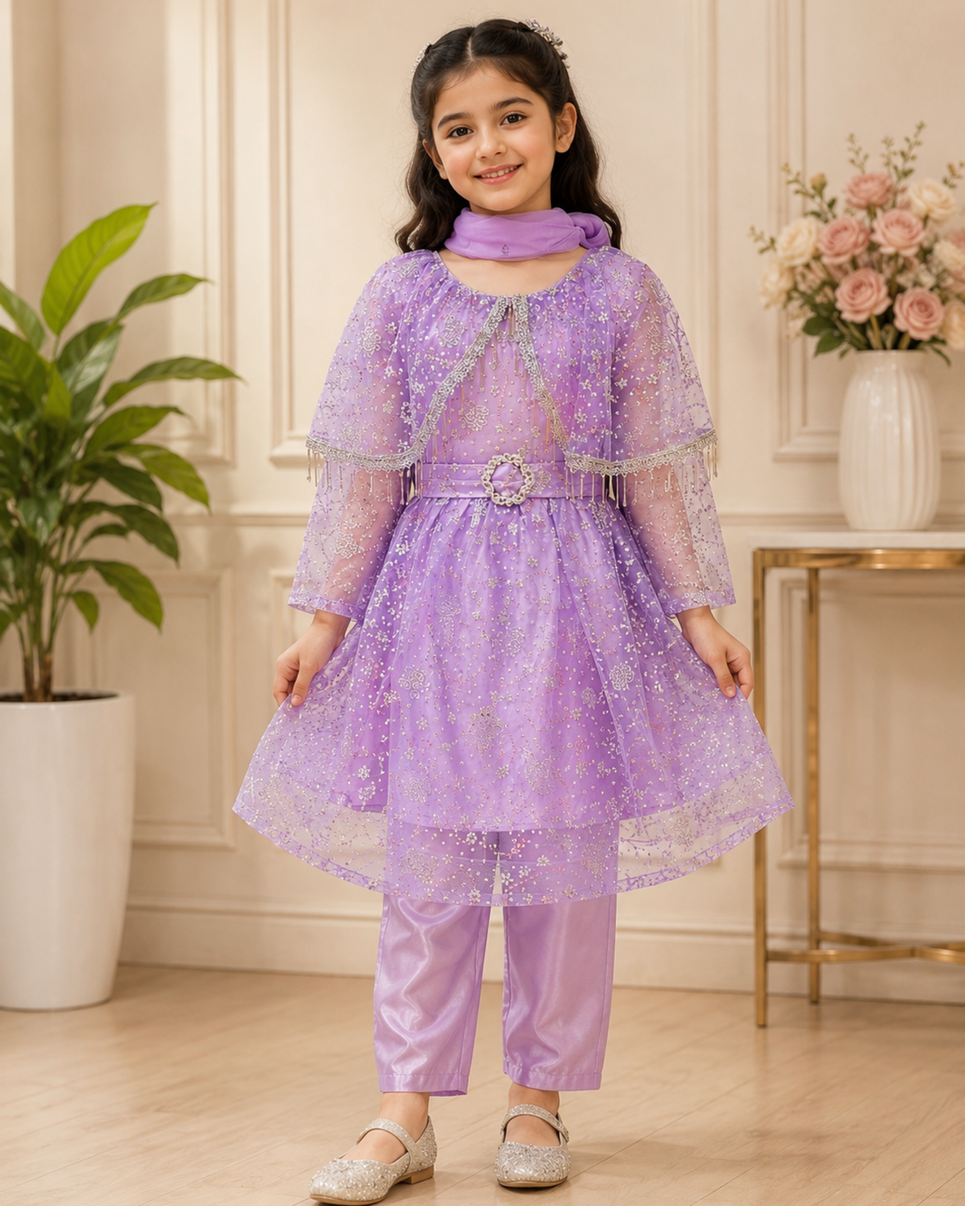 106 Girls Lehenga Choli – Desi Look | Silk Banarsi, Sharara & Net Dupatta - Image 1