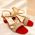 Royal Red & Metallic Gold Pearl-Embellished Block Heel Sandals
