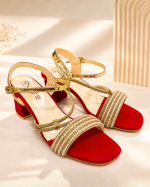Royal Red & Metallic Gold Pearl-Embellished Block Heel Sandals