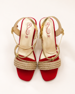 Royal Red & Metallic Gold Pearl-Embellished Block Heel Sandals - Image 2