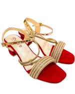 Royal Red & Metallic Gold Pearl-Embellished Block Heel Sandals - Image 3