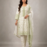 14 August Green Printed 3-Piece Suit with Diamond Dupatta