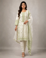14 August Green Printed 3-Piece Suit with Diamond Dupatta
