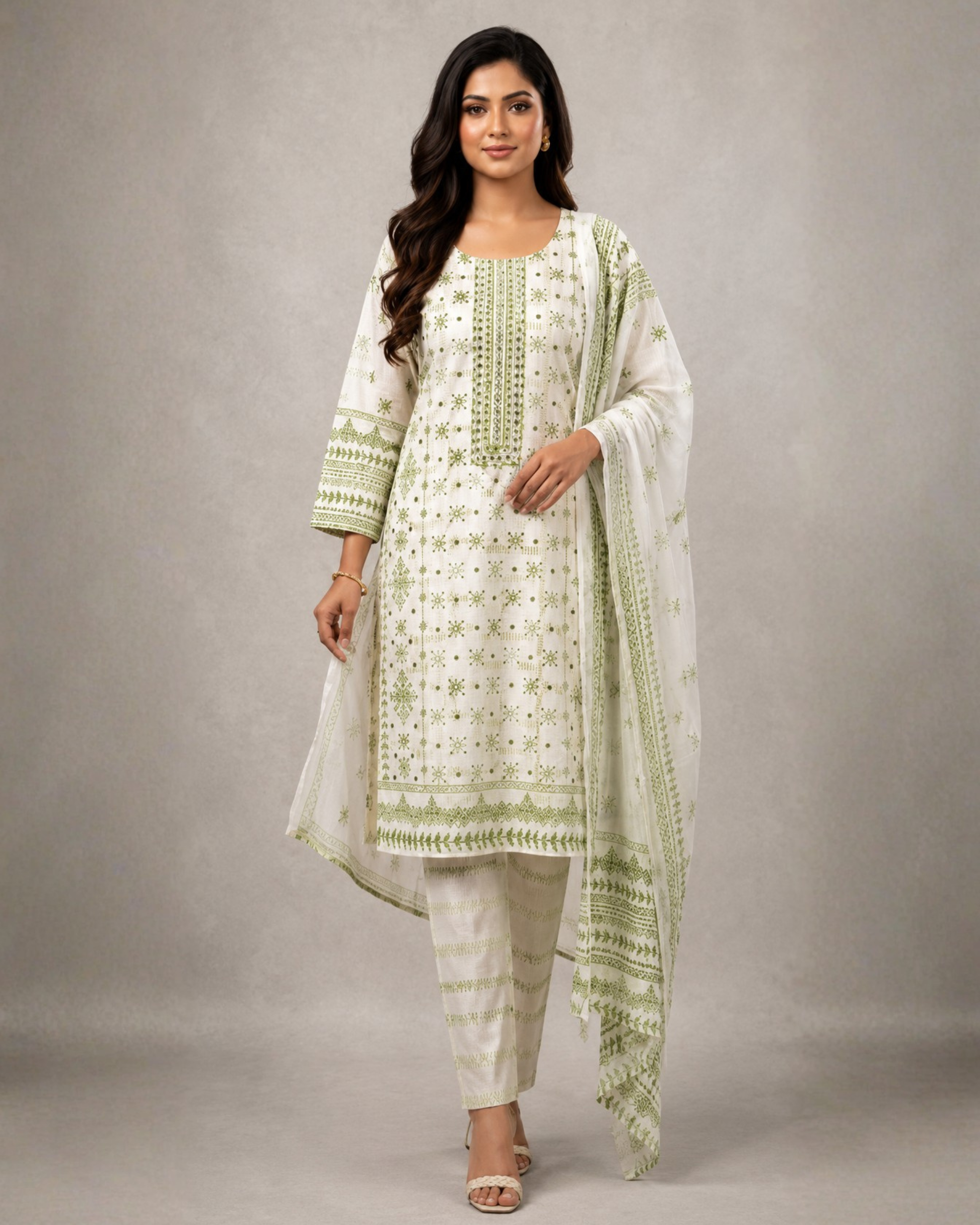 165 14 August Green Printed 3-Piece Suit with Diamond Dupatta - Image 1