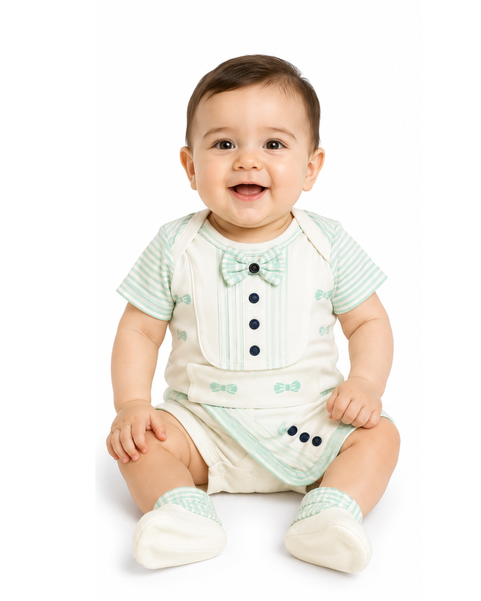232 Baby Born Newborn 3-Piece Romper Set – White & Mint Green - Image 1