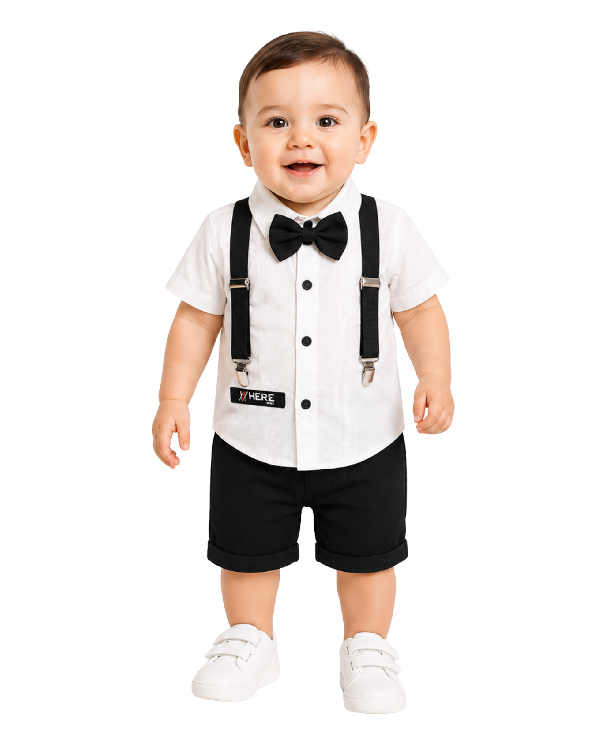 238 Baby Boy Black & White Formal 3-Piece Outfit with Bow Tie & Suspenders - Image 1