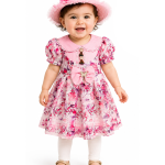 Baby Girl Pink Floral Party Dress with Puff Sleeves & Matching Hat