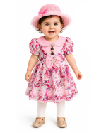 Baby Girl Pink Floral Party Dress with Puff Sleeves & Matching Hat