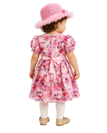 Baby Girl Pink Floral Party Dress with Puff Sleeves & Matching Hat - Image 2