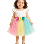 Baby Girl Multicolor Rainbow Party Dress with Floral Waist Detail – Age 1 to 3 Years