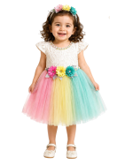 Baby Girl Multicolor Rainbow Party Dress with Floral Waist Detail – Age 1 to 3 Years